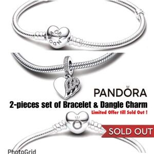 PANDORA Heart Clasp SnakeChain Bracelet & Heart and Angel Dangle Charm w/box